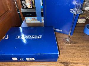 lot 306 image: International Silver Crystal Candle Sticks Set of 3 & 9 Wire Basket with Stoneware Liner