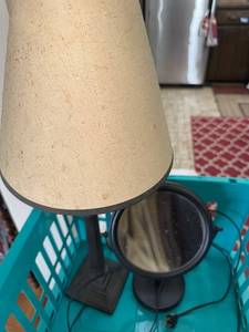 lot 309 image: Table Lamp with Beige Fabric Shade & Round Vanity Mirror - 2-Piece Set