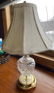 lot 17 image: Crystal Glass Table Lamp with Beige Fabric Shade, Faceted Body, Gold Base