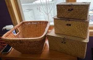 lot 23 image: Natural Woven Rattan Storage Baskets - Set of 4 1 Large Open & 3 Lidded