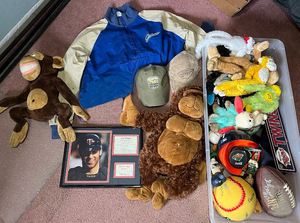 lot 34 image: Minnesota Twins Memorabilia Collection - Framed MLB Portrait, 2008 Stats, Street Sign, Jacket & Hats