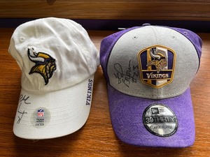 lot 35 image: Minnesota Vikings Autographed Caps (Lot of 2) - New Era 39THIRTY Purple Patch & White Logo Hat
