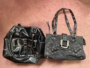 lot 38 image: Two Black Studded Handbags - Buckle & Pocket Details
