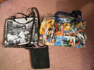 lot 39 image: Assorted Handbags - Collage Vinyl Tote, Photo Print Tote, Crochet Crossbody (Lot of 3)