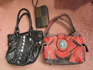 lot 40 image: Studded Leather Handbag Set - Black & Red (Lot of 3)