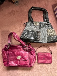 lot 41 image: Franco Sarto Magenta Leather Handbag - Patchwork Tote - Wallet (Lot of 3)