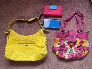 lot 47 image: Via Spiga Yellow Handbag, Floral Handbag & Wallets (Lot of 4)