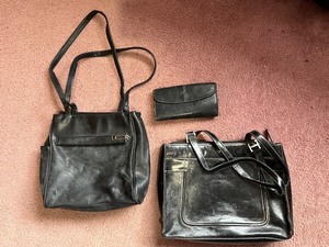 lot 48 image: Black Leather Bag Set - 3-Piece Backpack, Tote & Wallet