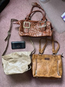 lot 52 image: Brown Studded Leather Handbag w Brass Buckles - Tan Tote & Beige Hobo Bags & Harley Wallet