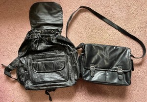 lot 54 image: Black Leather Backpack & Messenger Bag Set