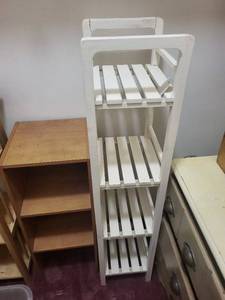 lot 94 image: White 5-Tier Slatted Ladder Shelf & Brown Wood 3-Shelf Storage Shelf