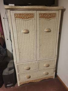 lot 100 image: Beige Wicker Armoire Cabinet - 2 Doors, 4 Drawers, Carved Floral Panels