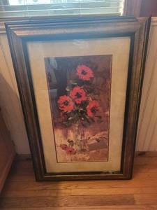lot 110 image: Red Poppy Bouquet in Vase - Framed Floral Wall Art with Gold Frame