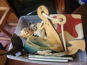 lot 115 image: Nautical Decor Bundle Wooden Anchor, Dark Anchor, Glass Sea Turtle, Green Sea Buoy & Seashells