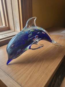 lot 116 image: Dolphin Glass Sculpture - Blue Murano-Style with Multicolor Inclusions
