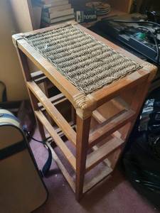 lot 118 image: Wooden End Table with Woven Rattan Top - 3-Tier Shelf