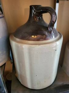 lot 152 image: Stoneware Jug - Two-Tone Glaze with Dark Neck & Handle, Light Gray Body