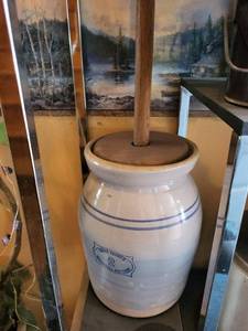 lot 153 image: Marshall Pottery Hand Turned 2-Gallon Crock with Wooden Lid & Dasher