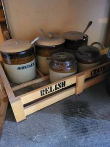 lot 154 image: Vintage Condiment Jars in Wood Crate (Lot of 4)