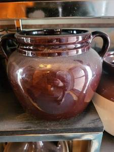 lot 157 image: 2 Brown Glazed Stoneware Crock Jar with Lid - Wire Bail Handle