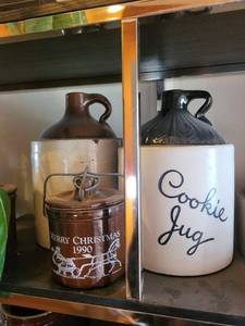 lot 159 image: Cookie Jug Ceramic Jar - Merry Christmas 1990 Jar - Cream Tall Jar - Vintage Kitchen Decor Set