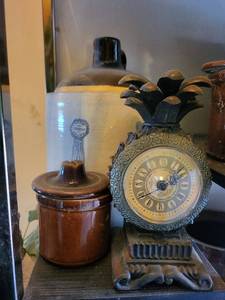lot 160 image: Vintage Ornate Clock With Pineapple Finial & Brown Ceramic Lidded Jar