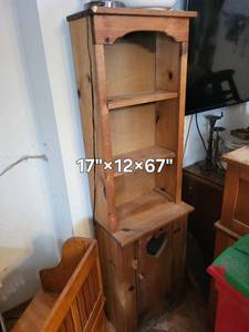 lot 173 image: Pine Wood Tall Cabinet with Open Shelves & Heart Mesh Door - 17 x 12 x 67