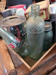 lot 192 image: Stetson Cigar Boxes & Vintage Moka Pot with Glass Bottles & Enamel Pitcher