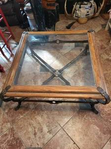 lot 208 image: Coffee Table - Glass Top, Wood Frame with Iron Base