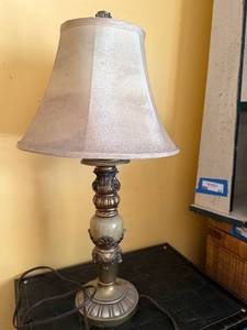 lot 73 image: Vintage Ornate Table Lamp - Beige Fabric Shade - 24 In Tall