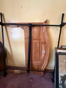 lot 85 image: Ornate Carved Wooden Bed Footboard with Black Metal Frame - Salvage Decor Full Size