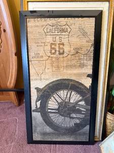 lot 86 image: Route 66 California Framed Wall Art - Vintage Map & Wheel, Black Frame