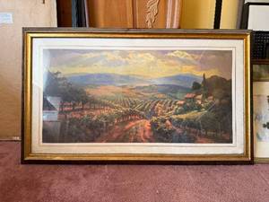 lot 87 image: Framed Landscape Print - Vineyard Hillside Scene with Farmhouse
