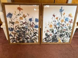 lot 121 image: Framed Floral Abstract Watercolor Prints (Lot of 2) - Wood Frames