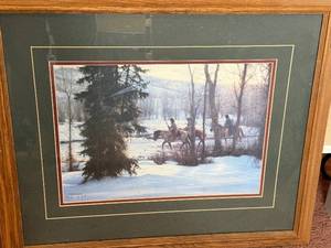 lot 124 image: Framed Winter Landscape Print - Horseback Riders in Snow