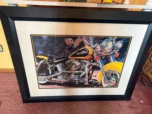 lot 125 image: Framed Motorcycle Art Print - Yellow Cruiser with Chrome Detailing