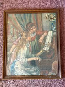 lot 127 image: Framed Painting - Two Girls at Piano, Music Lesson Scene