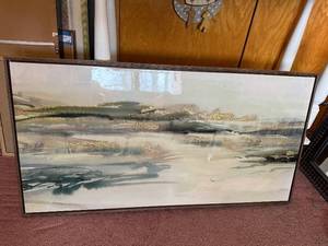 lot 131 image: Framed Abstract Seascape Painting with Gold Leaf Accents - Wall Art