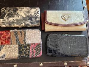 lot 135 image: Wallets - Black Croc Texture, Beige Heart-Accent Croc, Patchwork Multicolor, Gray Floral (Lot of 4)