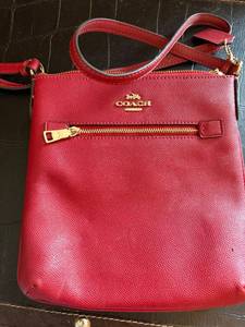 lot 136 image: COACH Red Pebbled Leather Crossbody Bag - Gold Hardware