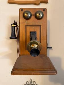 lot 211 image: The Country Bell Vintage Wall-Mount Telephone with Dual Brass Bells and Wood Backboard