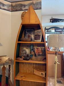lot 213 image: Boat-Shaped Display Shelf With Decor & Hunting Magazines (Duck Decoys NOT Included)