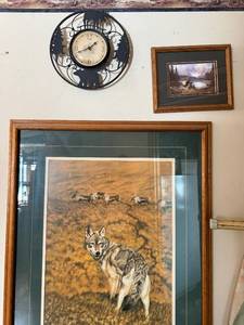lot 216 image: Rustic Wildlife Wall Clock with Silhouette Rim - 2 Framed Nature Prints (3-Piece Wall Decor Set)