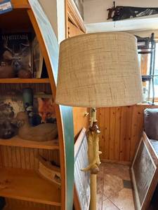 lot 218 image: Antler Floor Lamp with Beige Linen Shade - Carved Base