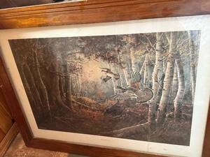lot 220 image: Framed Art Print - Bird in Birch Forest Scene