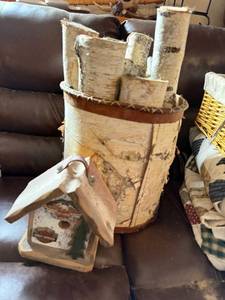 lot 230 image: Birch Bark Bucket Centerpiece with Faux Tree Trunk Stems - Rustic Home Decor