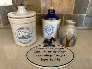 lot 323 image: Wisconsin Homestead Canister Set With Blue Bottle Jug, Geometric Vase & Inspirational Plaque