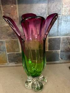 lot 324 image: Gradient Purple-Green Glass Vase - Flared Petal Rim, 11 in Tall