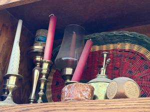 lot 327 image: Brass Candle Holders Set with Pink Tapers, Glass Hurricane & Ceramic Figurine