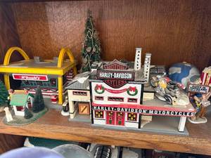 lot 331 image: Dept 56 Snow Village - McDonalds Restaurant & Harley-Davidson & Lemonade Stand & Polar Palace Theater